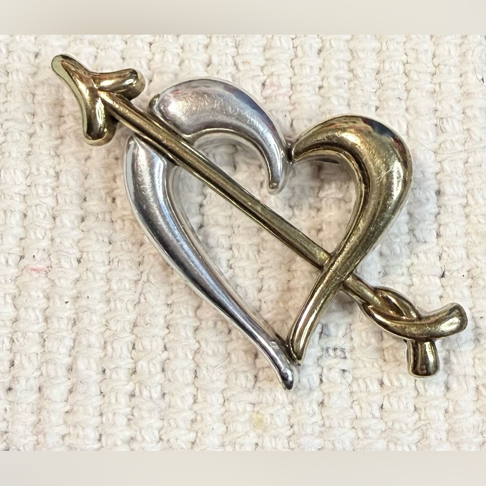 Two Tone Metal Heart Brooch with Cupid’s Arrow